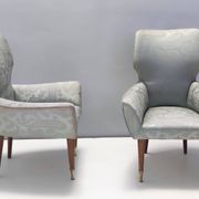 Pair of Grey Satin Lounge Chairs with Walnut Frame and Brass Feet Caps