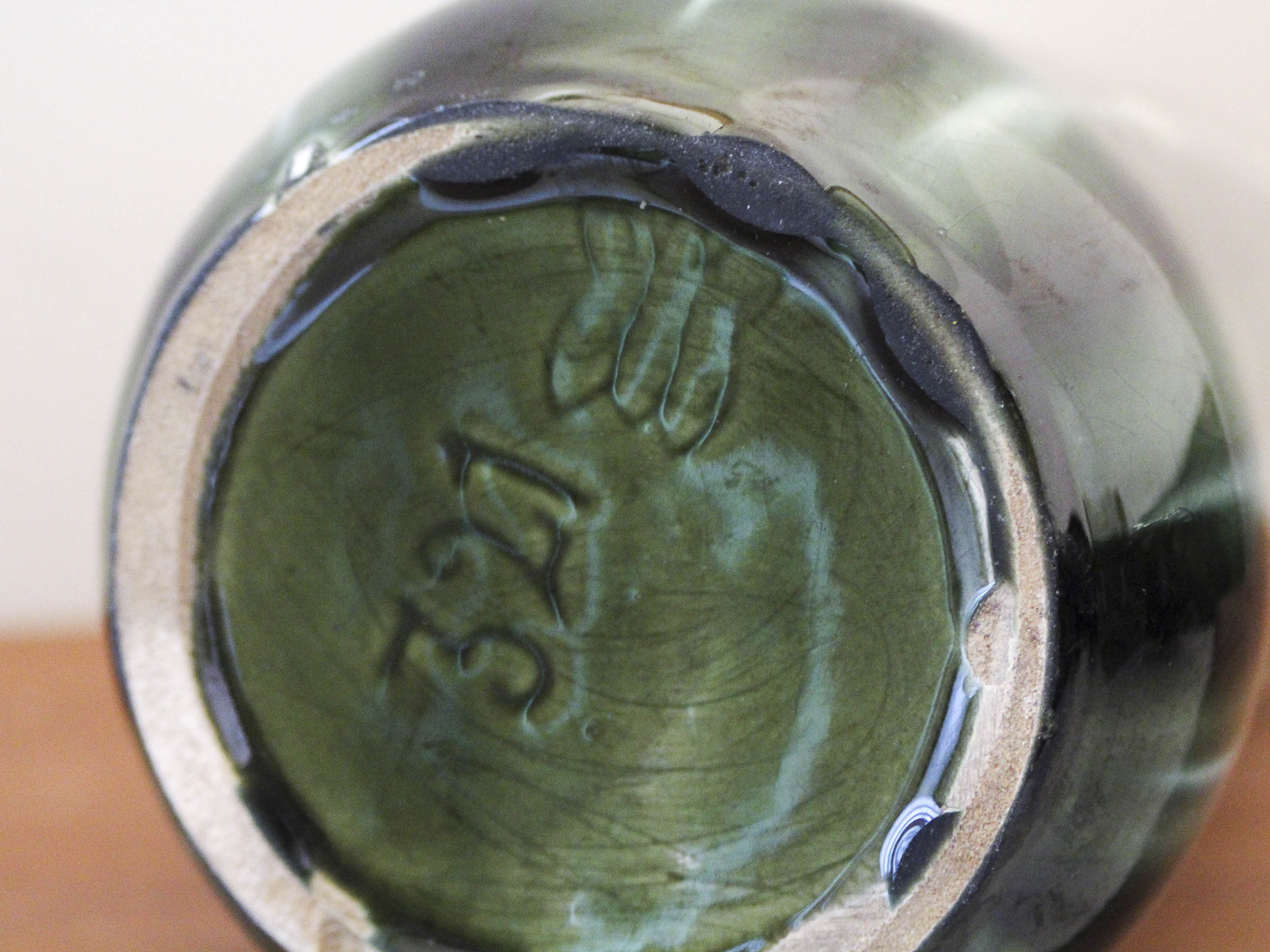 Vase in green glazed faience Louis Gueule Vierzon 30s