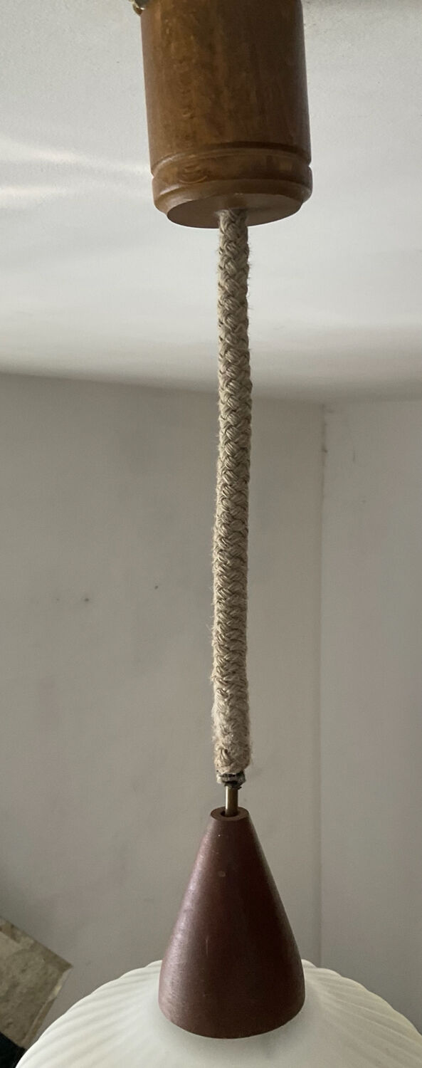 Louis Kalff pendant light in opaline and teak from the 1960s