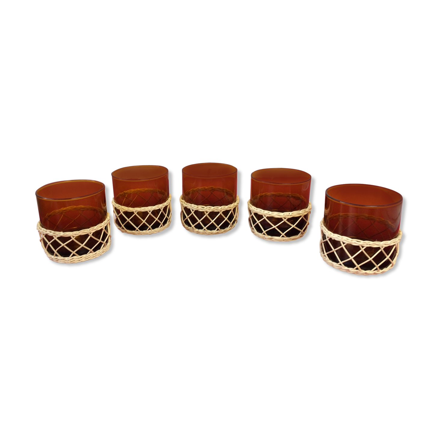 Lot of 5 amber and rattan glass