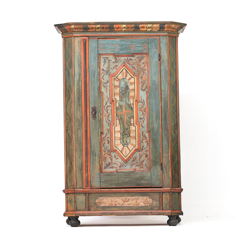 Rustic Weathered Farmhouse Folk Art Painted Bridal Cabinet from 1798