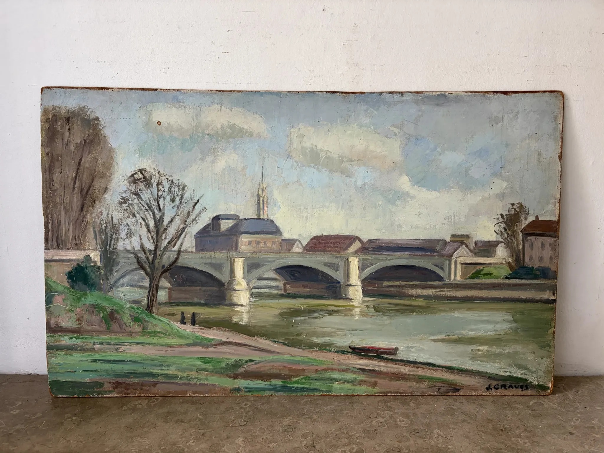 Bridge on the Seine, oil on panel signed A Graves