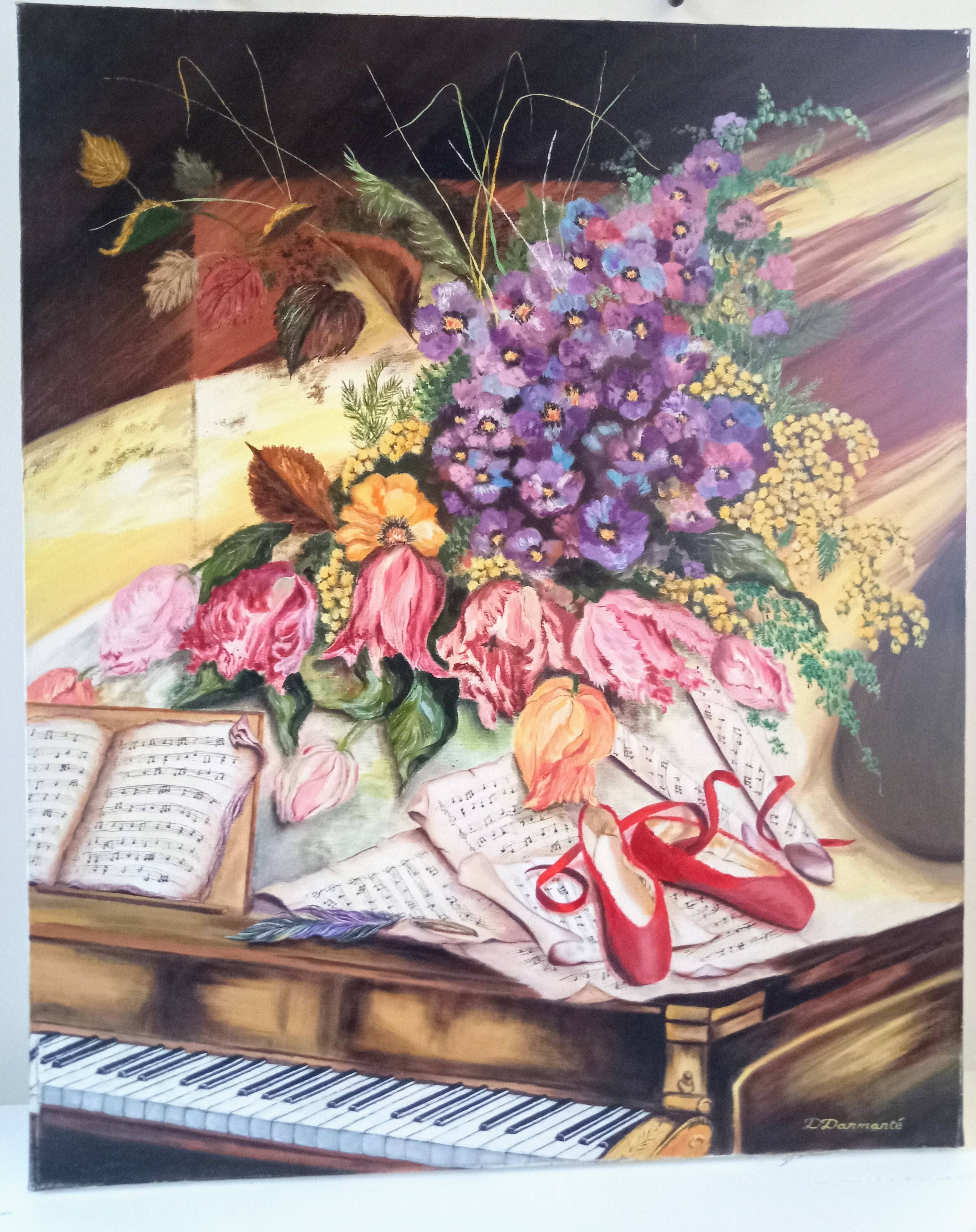 Vintage oil painting on canvas signed Darmanté – Still life with piano and flowers.