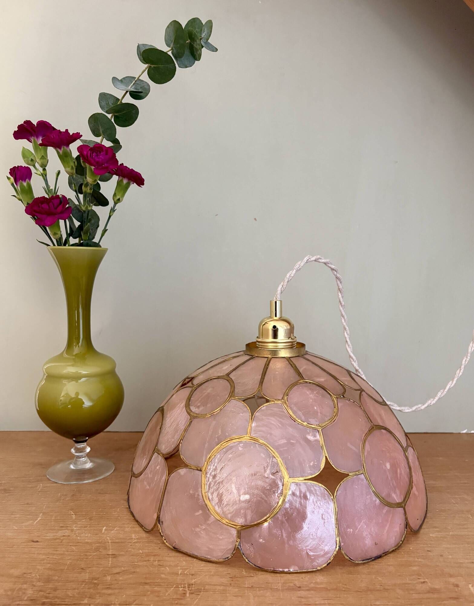 Vintage mother-of-pearl and brass lampshade pendant light