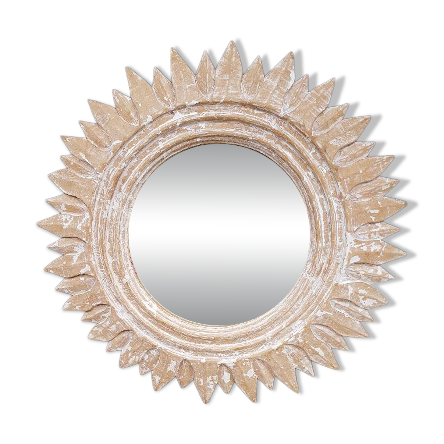 "Sun" mirror in carved wood and ceruse (70 cm)