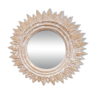 Miroir ''soleil'' en bois sculpte et ceruse ( 70 cm )