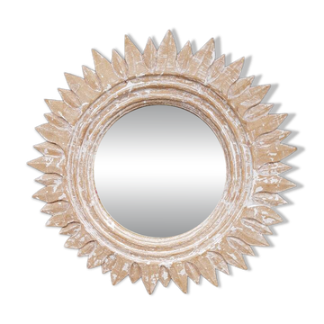 Miroir "soleil" en bois sculpte et ceruse ( 70 cm )
