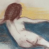 Tableau signé sanguine pastel portait féminin « le divan bleu »