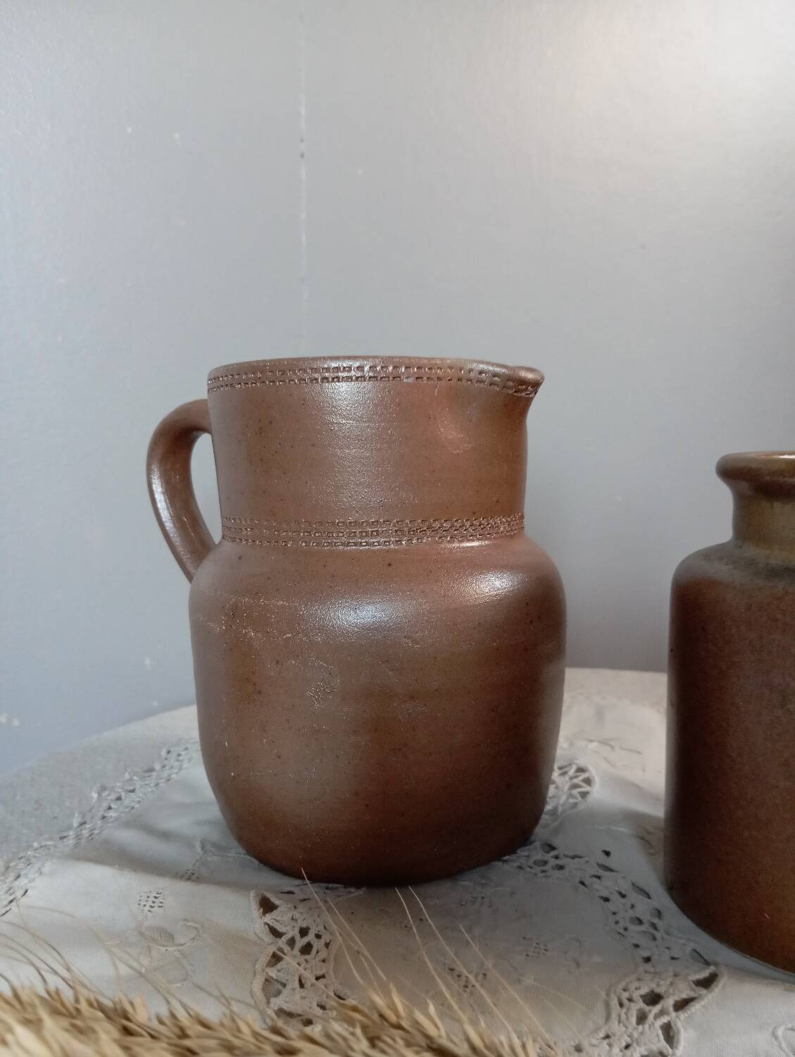 Duo of stoneware ceramic, pitcher and pot, vintage