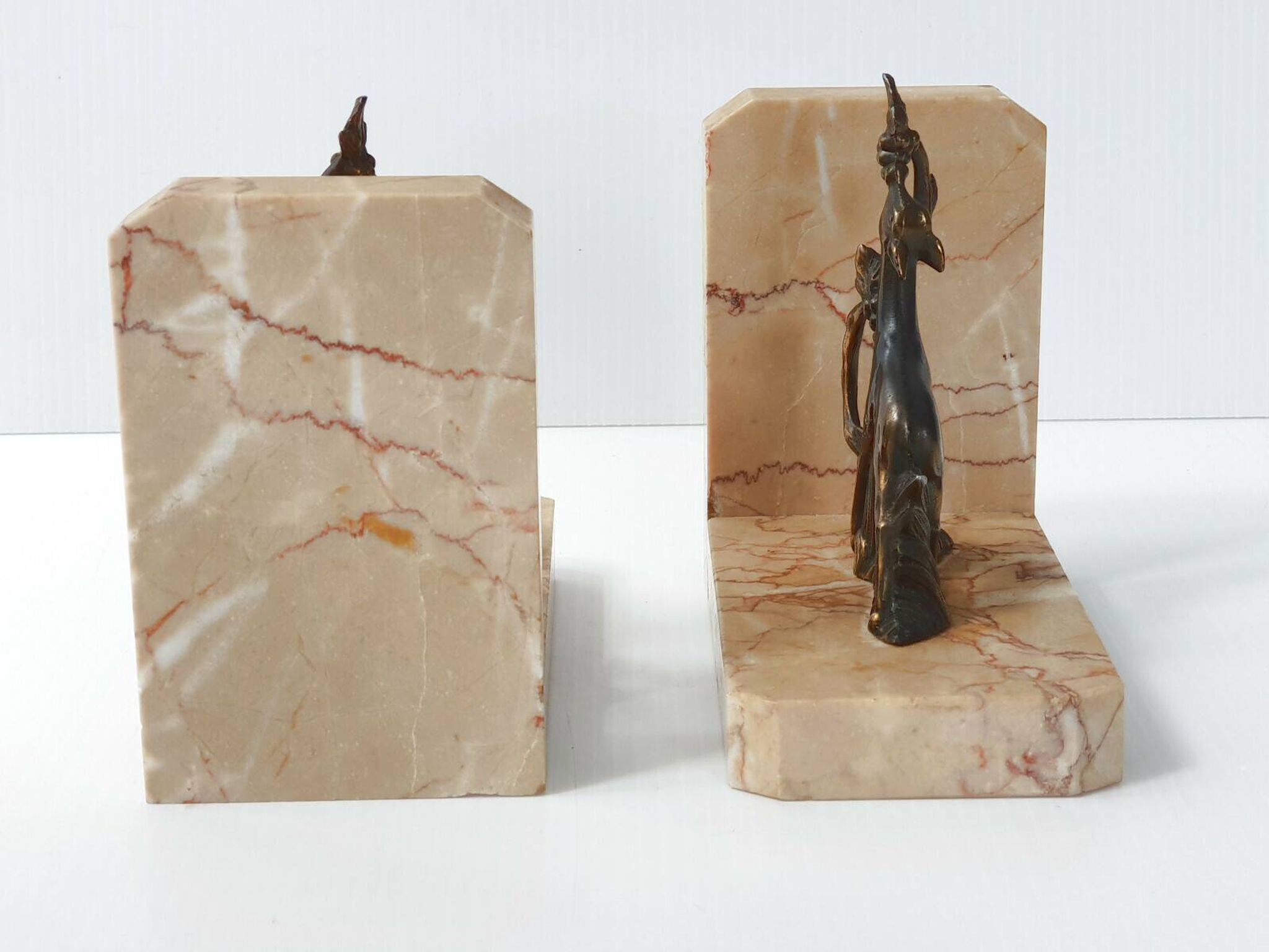 Vintage bronze & marble fawn bookends 1940s 50s