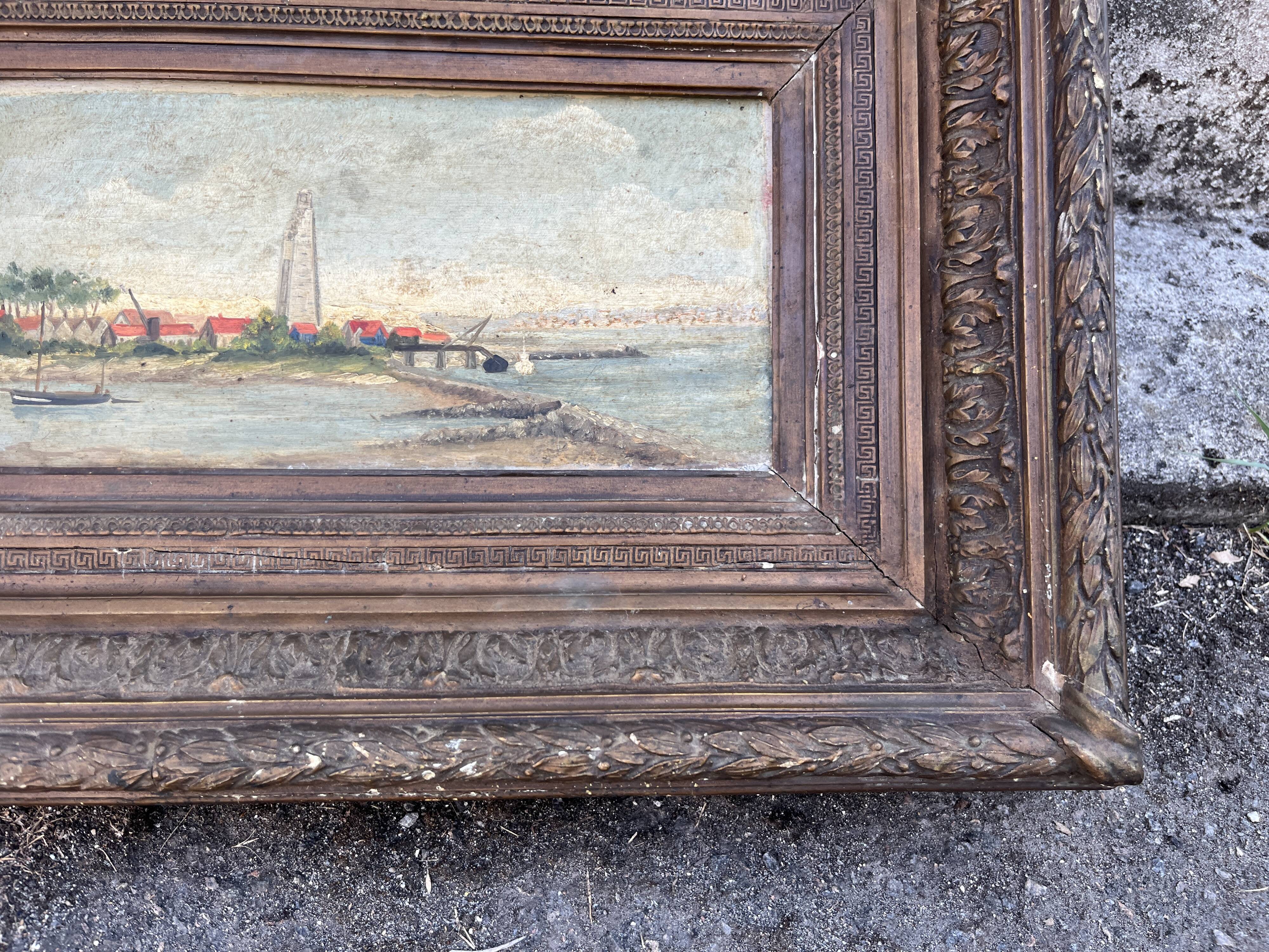 Beautiful painting of a port landscape and its old 19th century frame