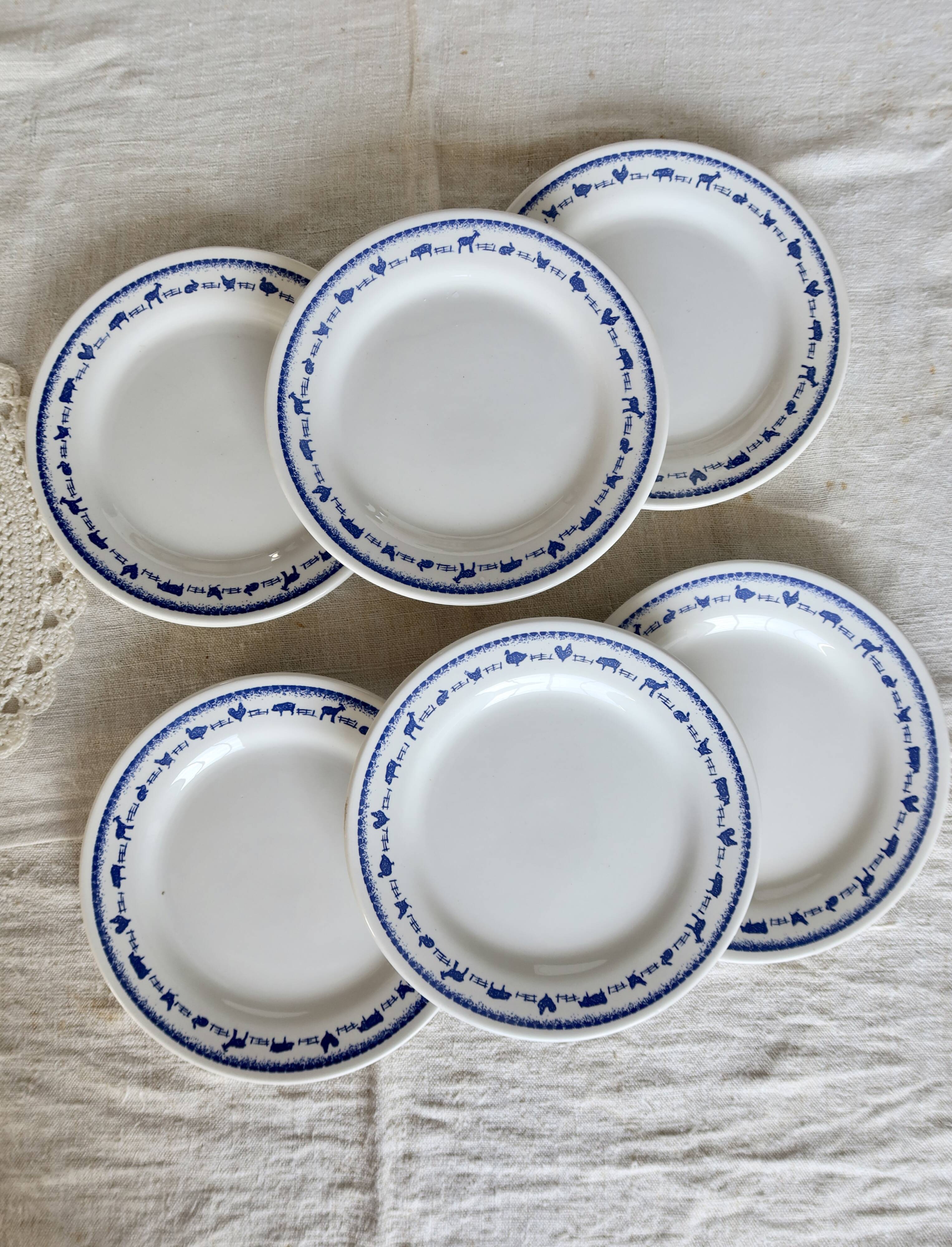 6 vintage white and blue earthenware dessert plates