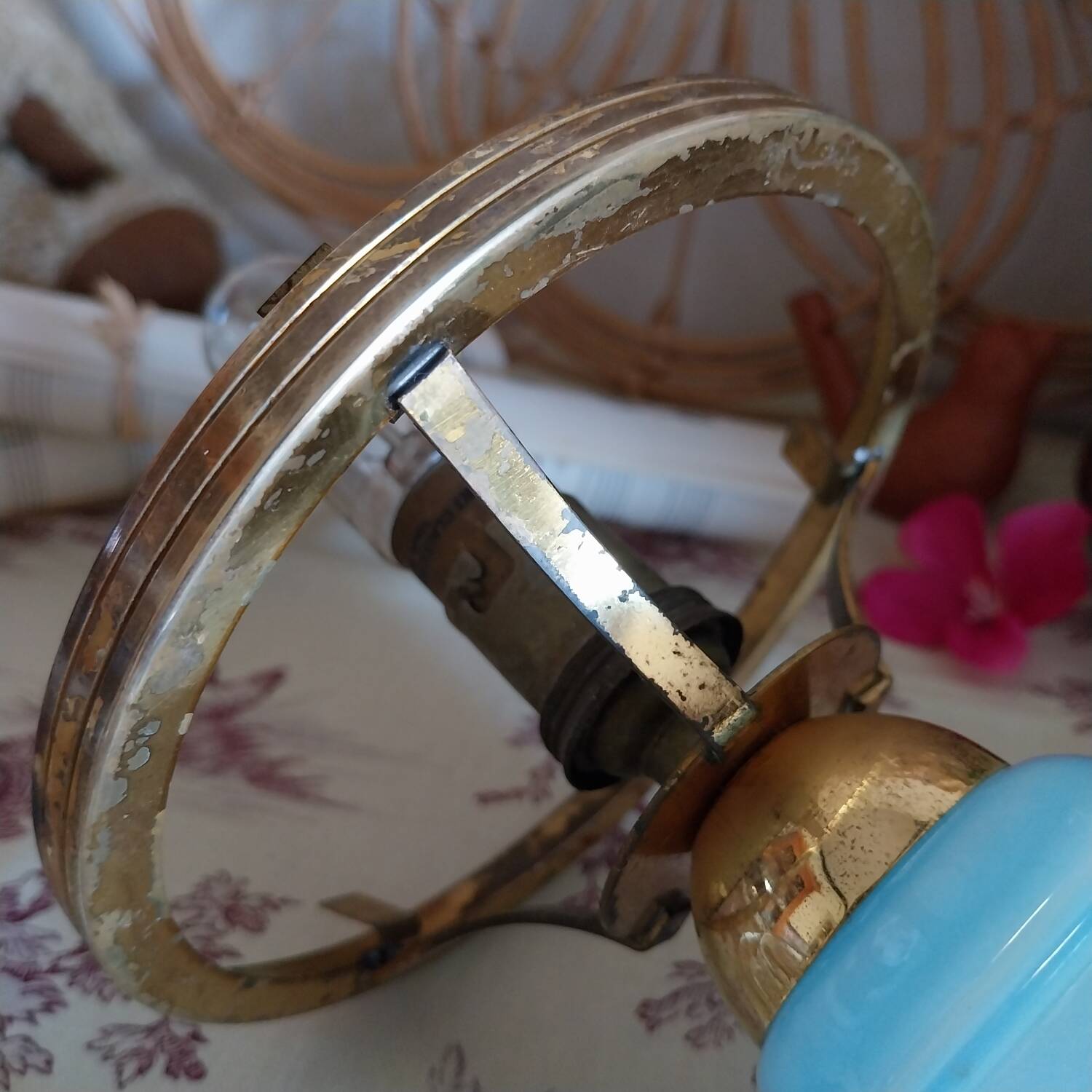 Old lamp base in blue opaline and brass