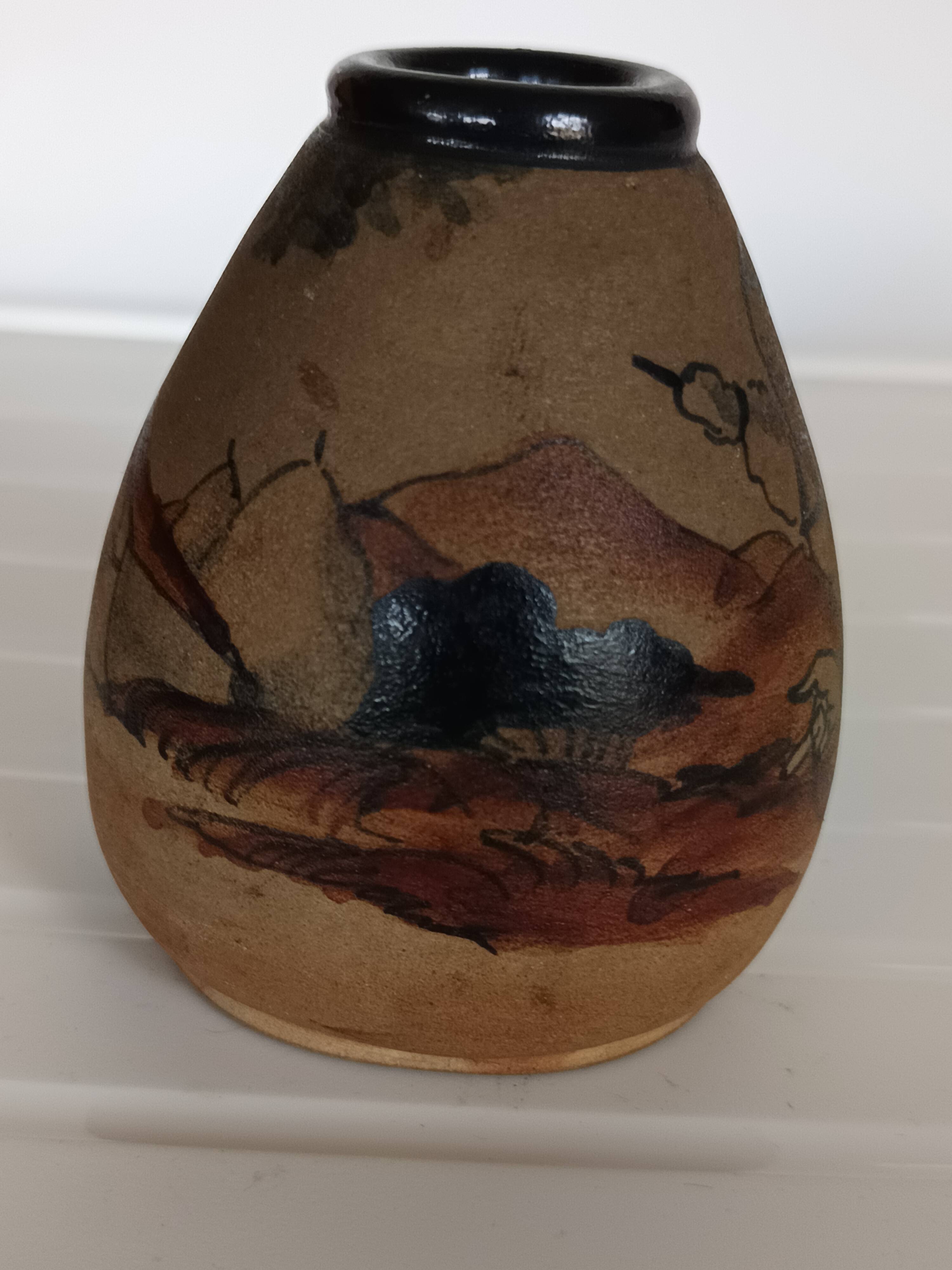 Ciboure stoneware vase, antique, signed Touton 1930, woman spinning in front of her farm.