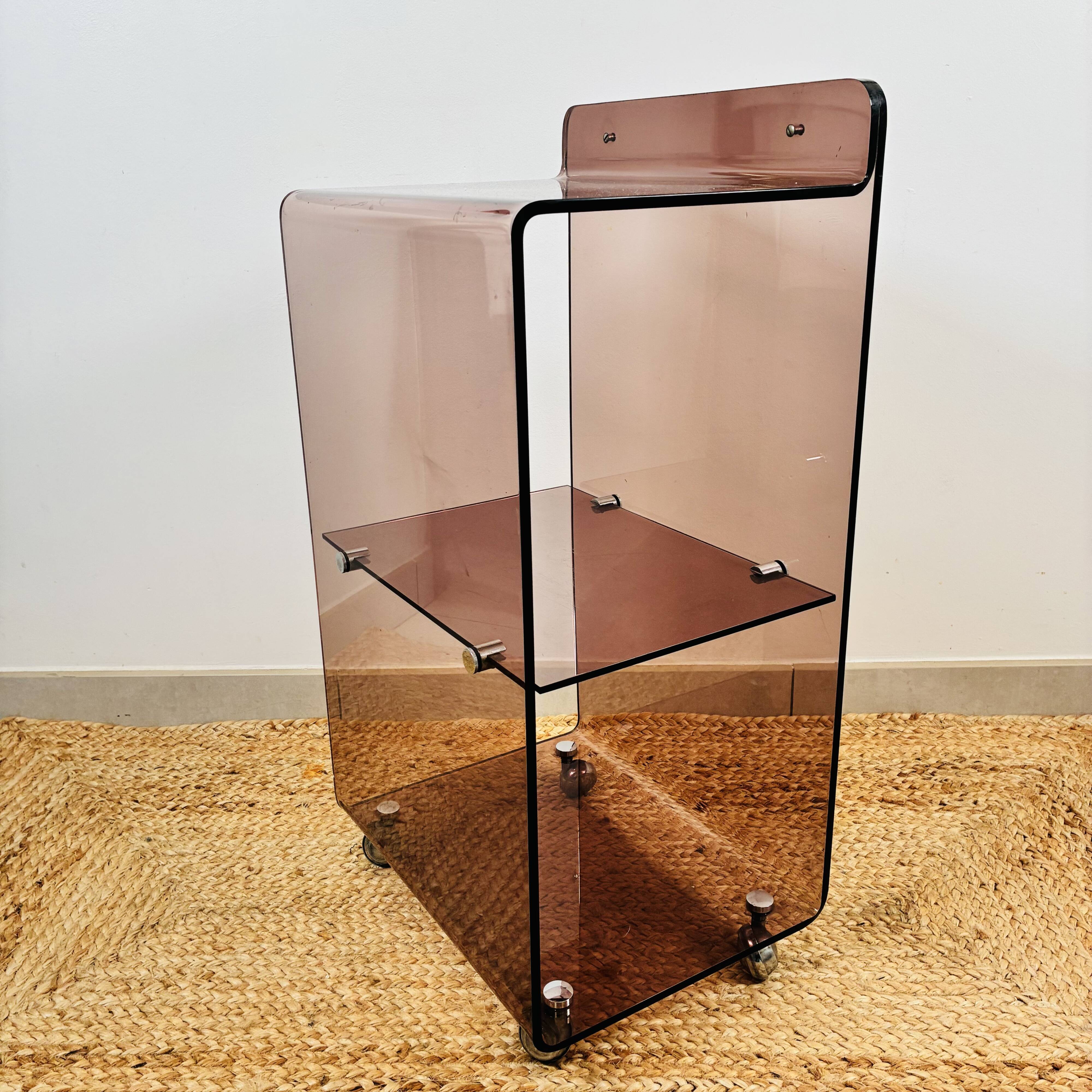 Vintage dessert table by Eric Maville in smoked Plexiglas and chrome, Roche Bobois 1970.