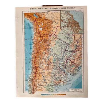 Carte de la Bolivie, Paraguay, Argentine, Chili, Uruguay 1940