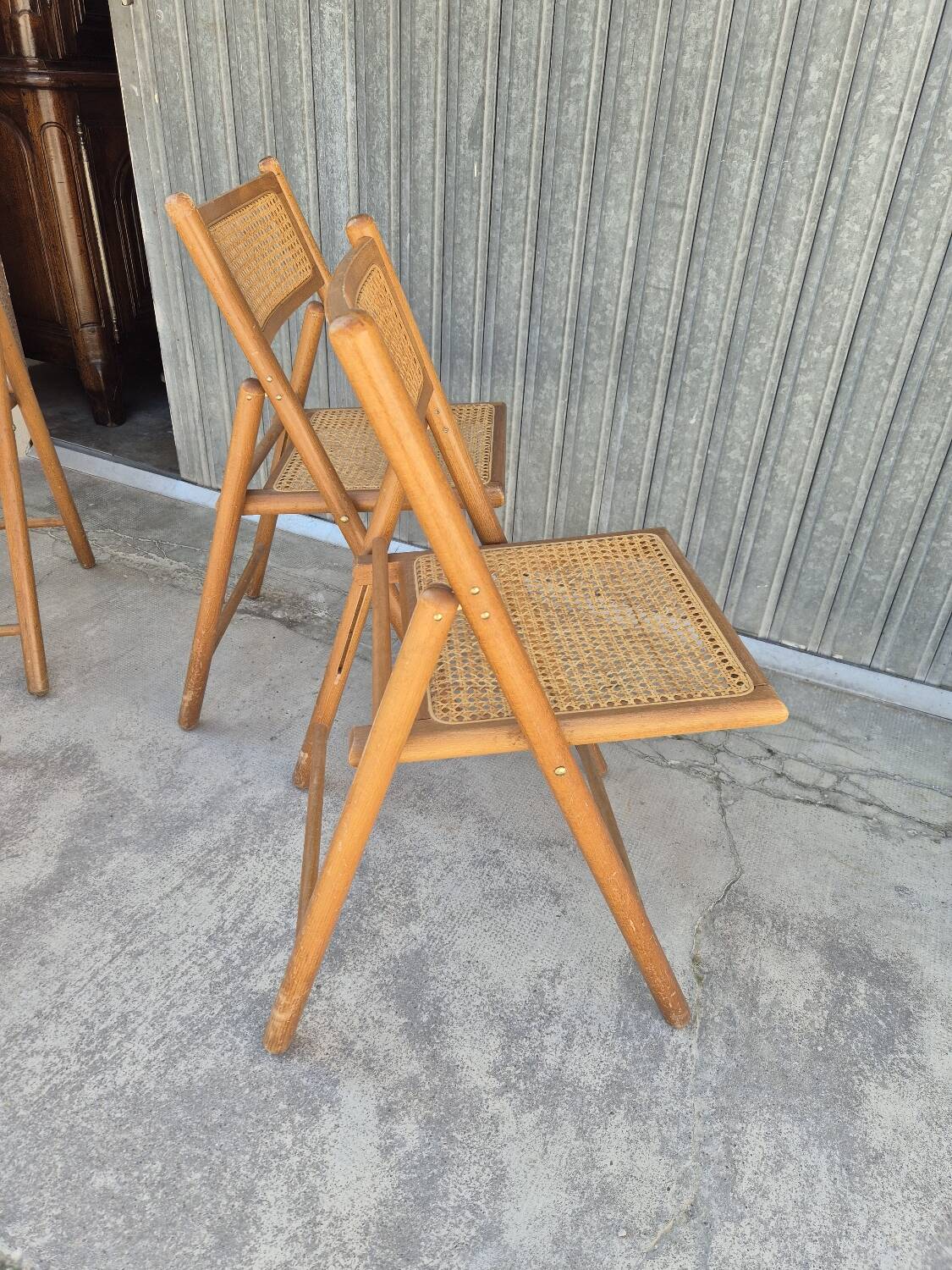 Set of 4 vintage Italian folding chairs in cane 1970s