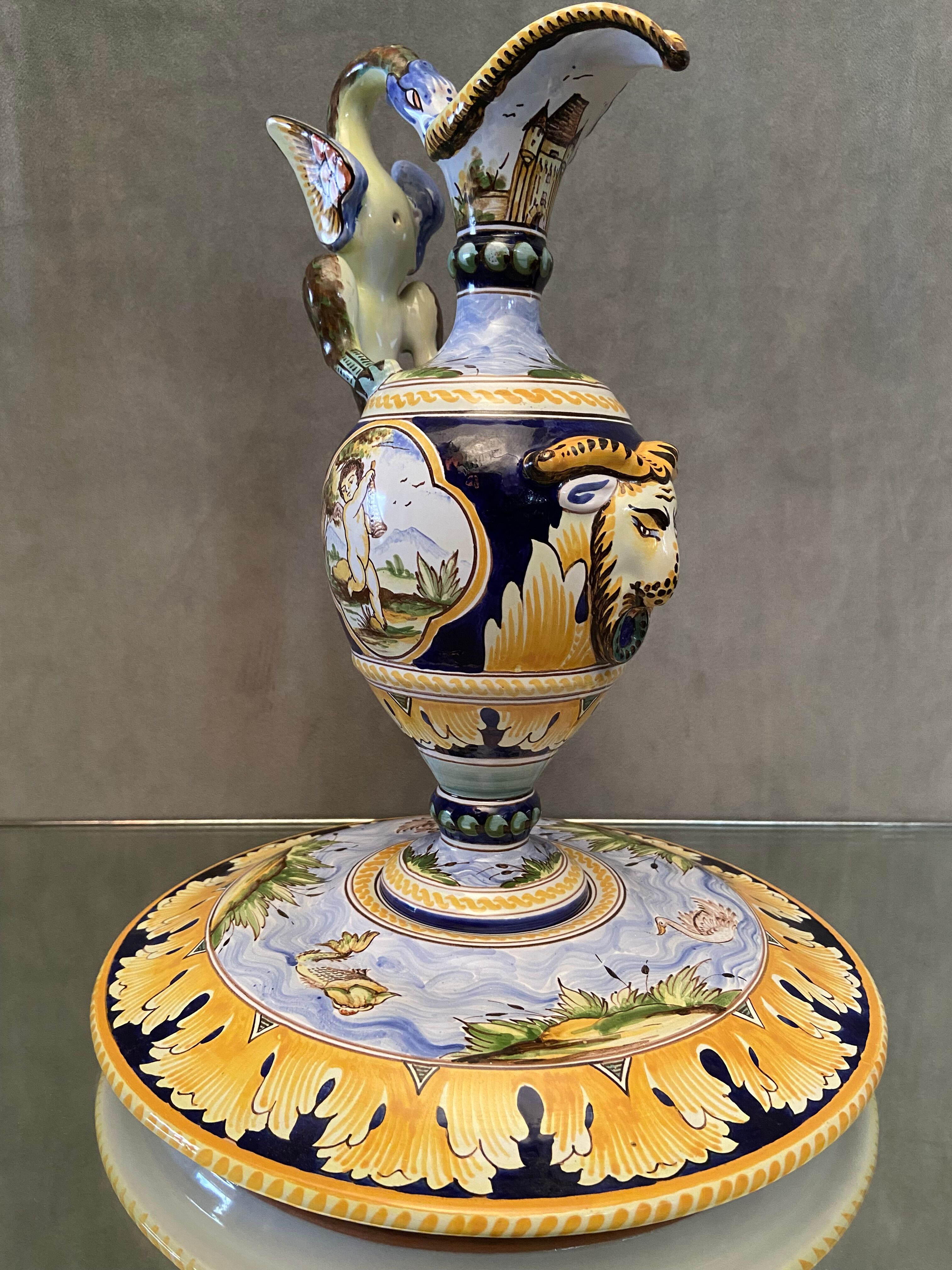 Ewer on flat display in earthenware of Nevers Renaissance decoration