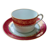 Grande tasse à thé ou chocolat avec soucoupe en porcelaine fine Limoges, tasse vintage avec coupelle, blanc doré bordeaux, tasse à café, cadeau