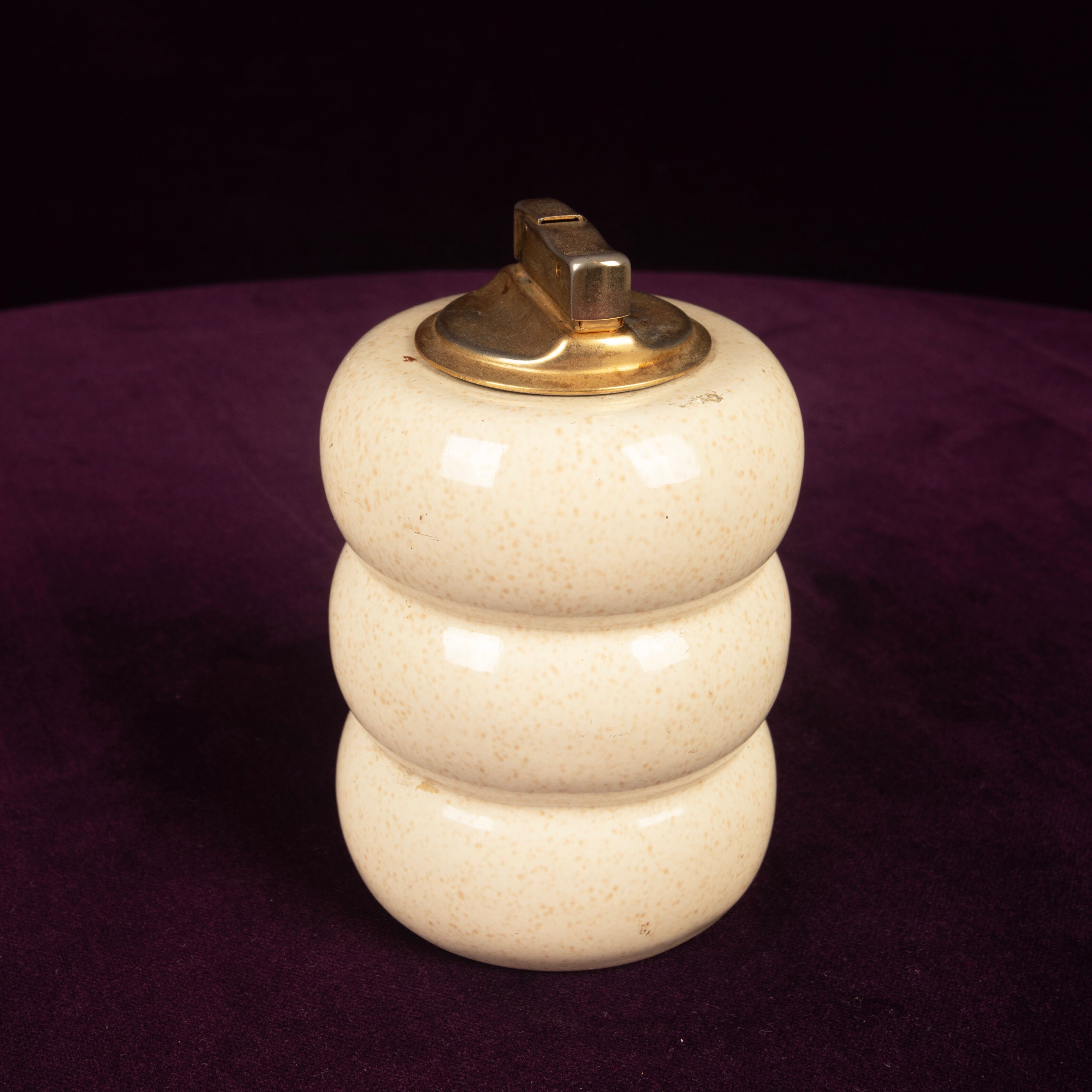 Tommaso Barbi Cream Speckled Ceramic and Brass Table Lighter 1970