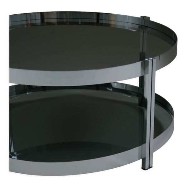 Table basse ronde en métal chromé et plateaux en verre fumé, France 1970s