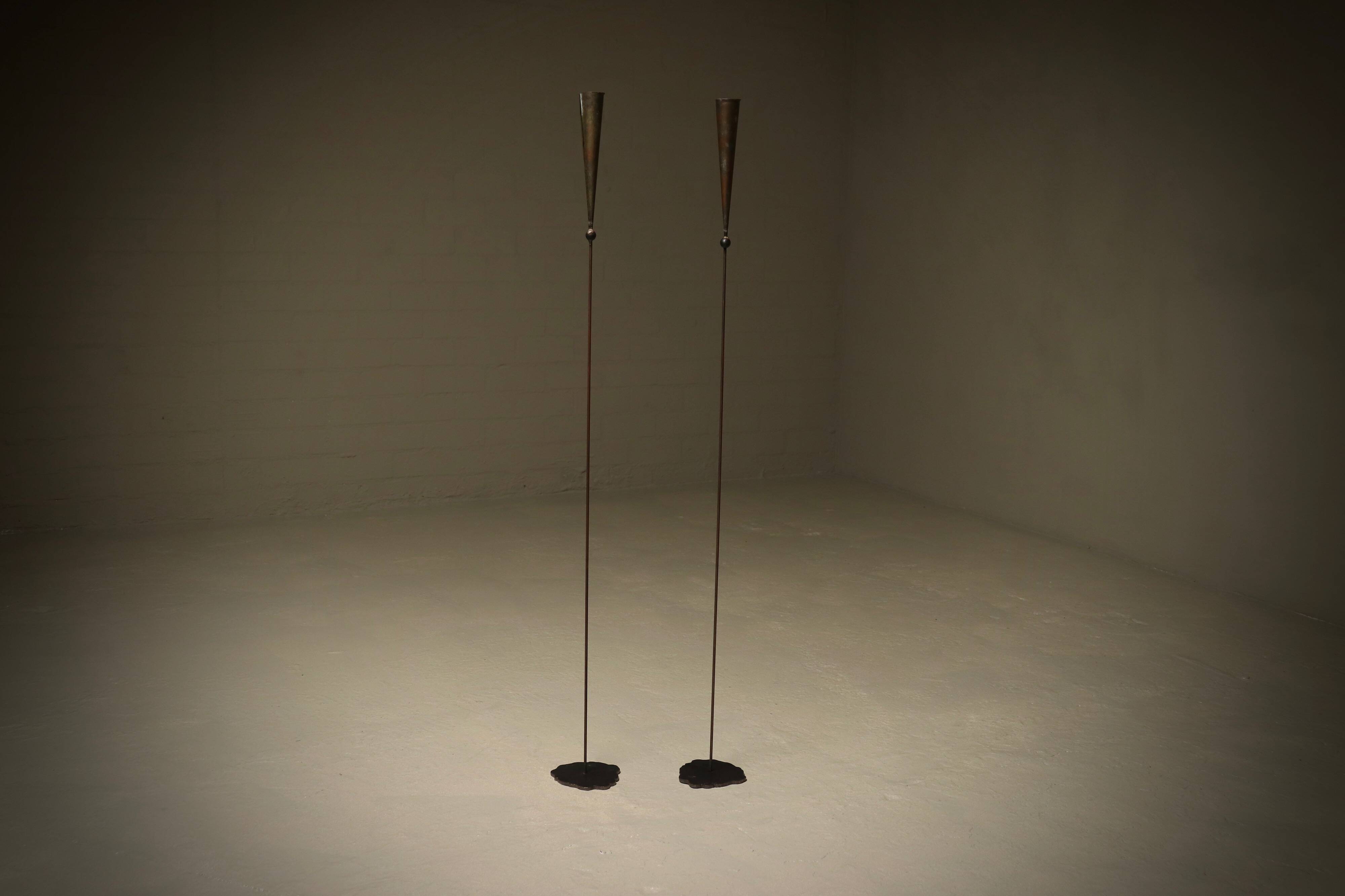 Brutalist Copper and Brass Candle Holders by Pieter Spruyt 1980s