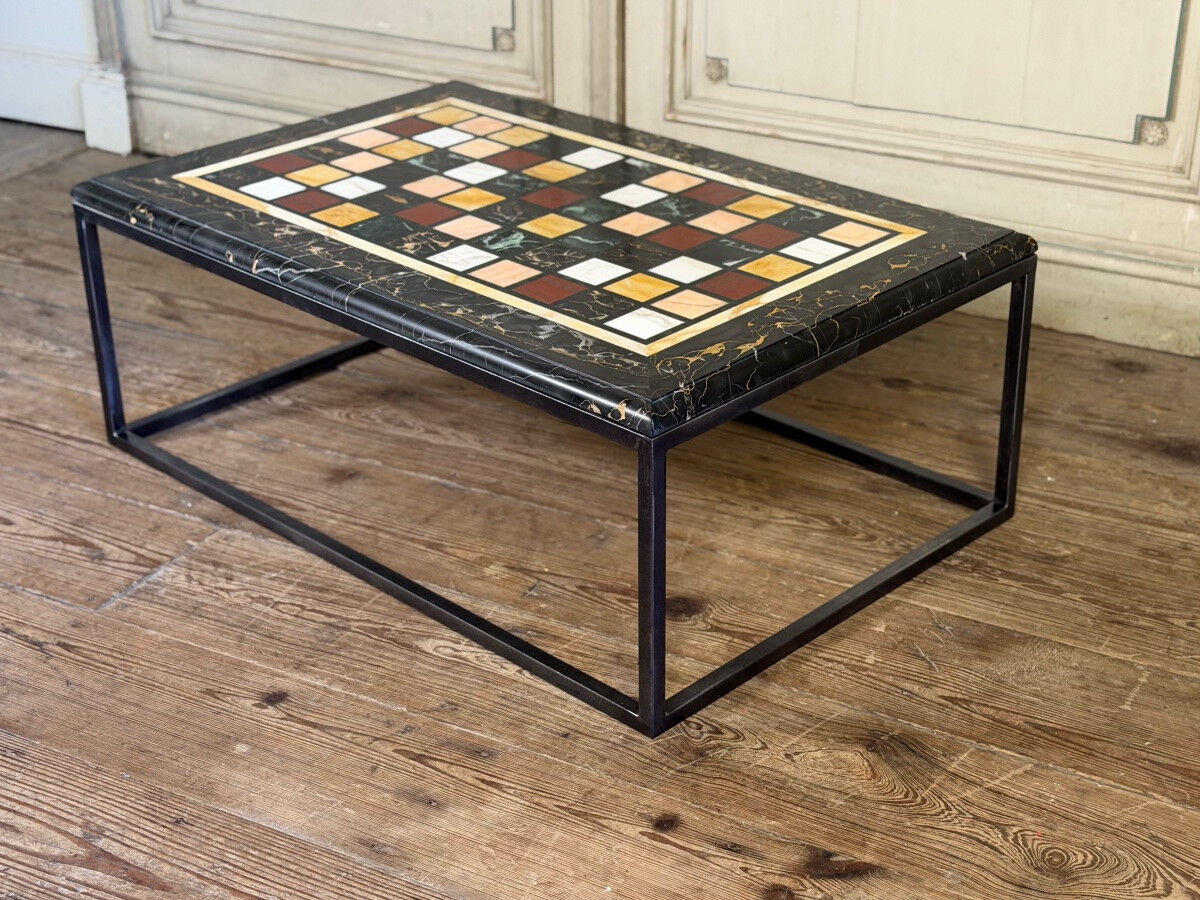 Coffee table, marble samples, custom metal base.