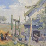 Oil Painting on Canvas with Motif of Chicken Farm and Fields