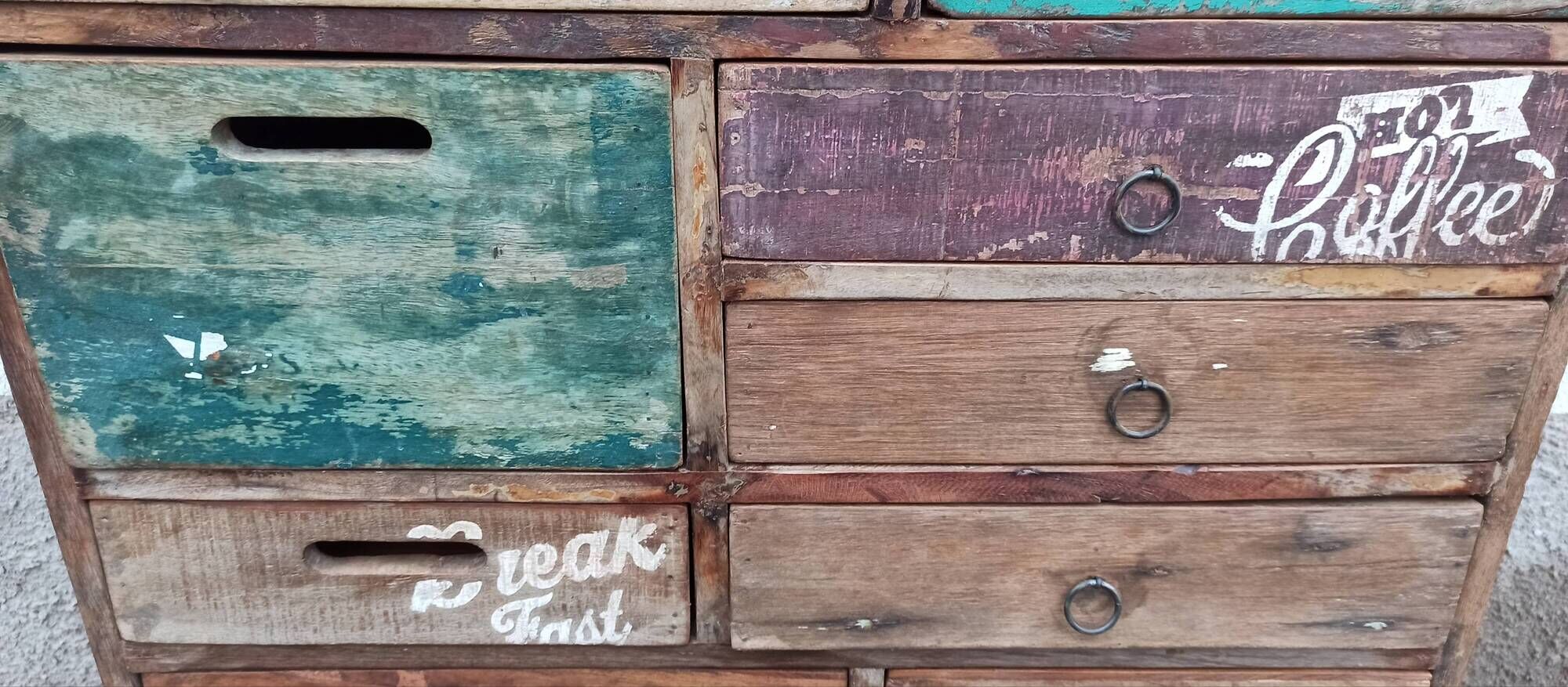 Original wooden chest of drawers with 15 mismatched drawers