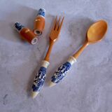 Set of wooden and ceramic salad cutlery
