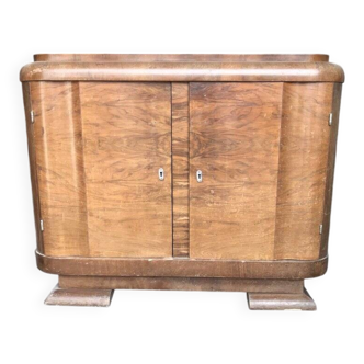 Hungarian Art Deco commode in brown wood with symmetrical veneer, 1940s.