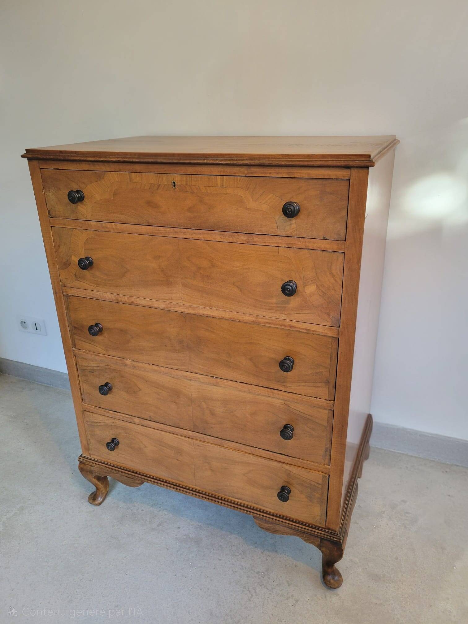 Commode anglaise haute 5 tiroirs marqueterie en ronce