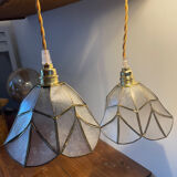 Pair of portable lamps in mother-of-pearl and brass