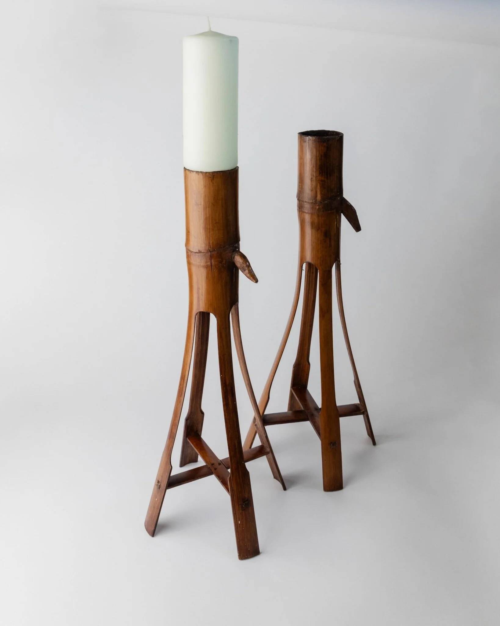 Two Vintage Beige Bamboo Candle Holders – Boho Organic Mid-Century Italian Design, 1960s