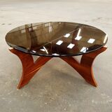 Table low Hugues Poignant base plating wood and smoked glass top