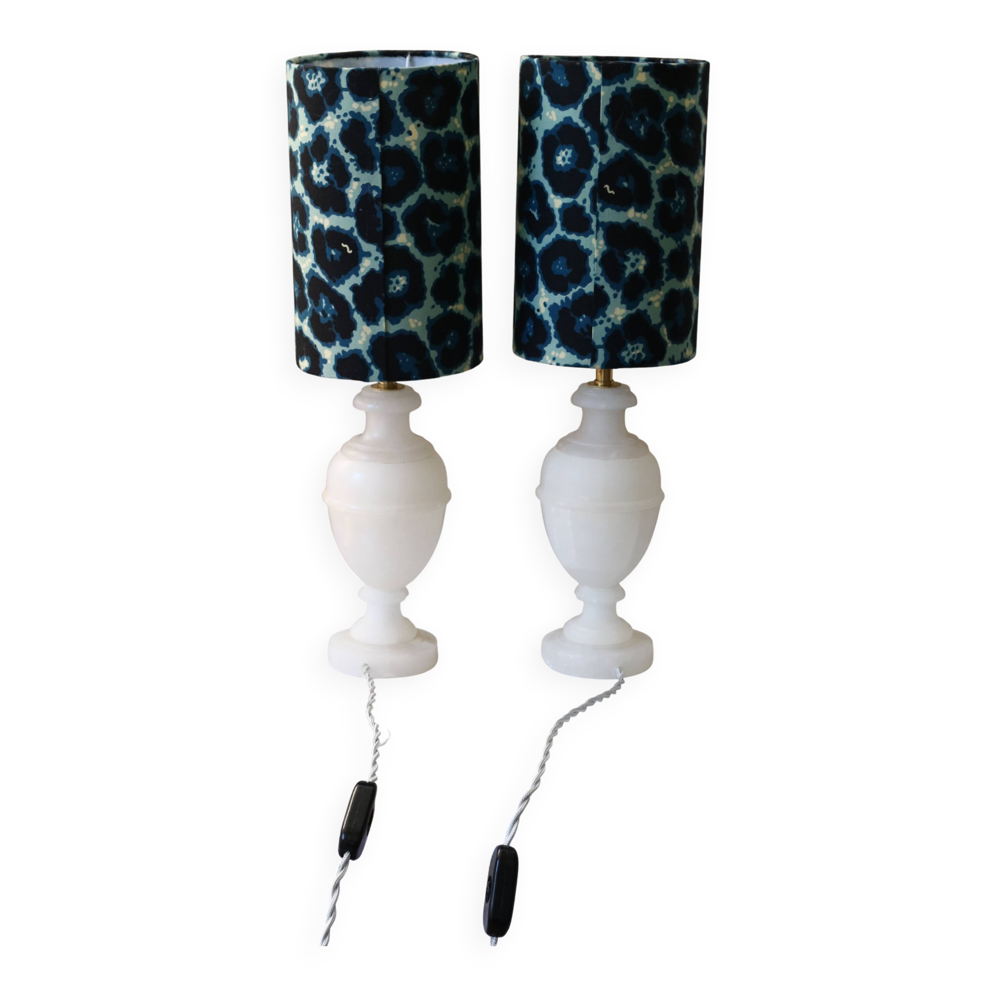 Pair of alabaster bedside lamps with blue leopard shades