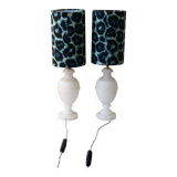 Pair of alabaster bedside lamps with blue leopard shades
