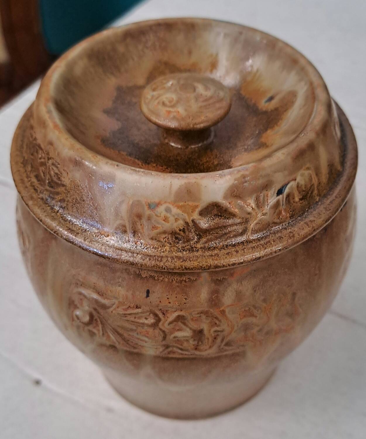 Enamelled stoneware pot signed Denbac