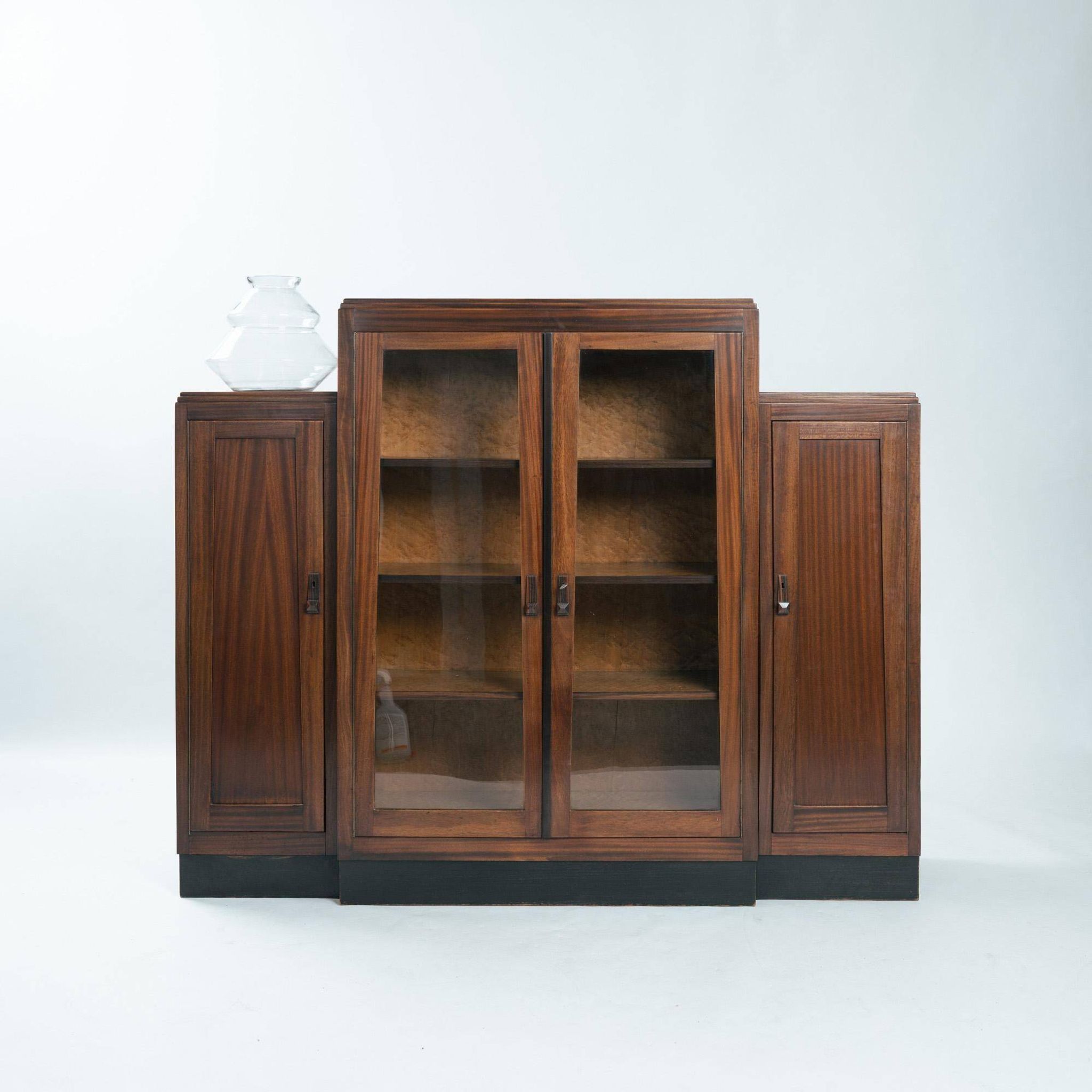 Art Deco walnut birdseye maple Amsterdam school cabinet with glass doors, 1930s