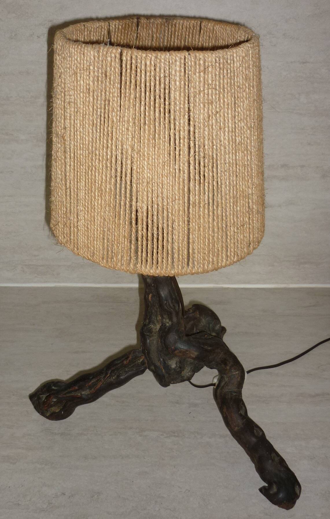 Brutalist lamp in vine stock and vintage rope or fabric lampshade