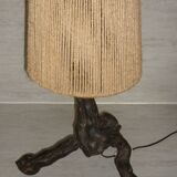 Brutalist lamp in vine stock and vintage rope or fabric lampshade