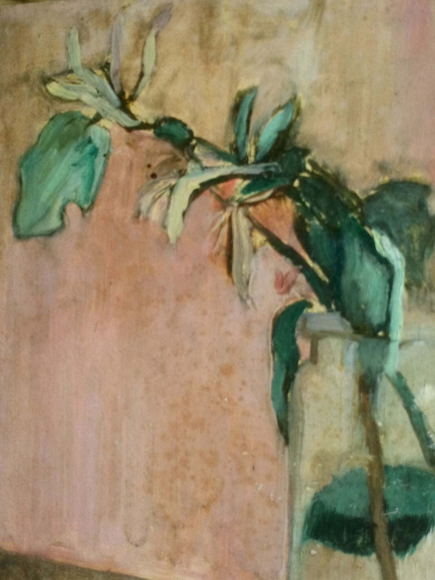 Oil painting on cardboard honeysuckle branch