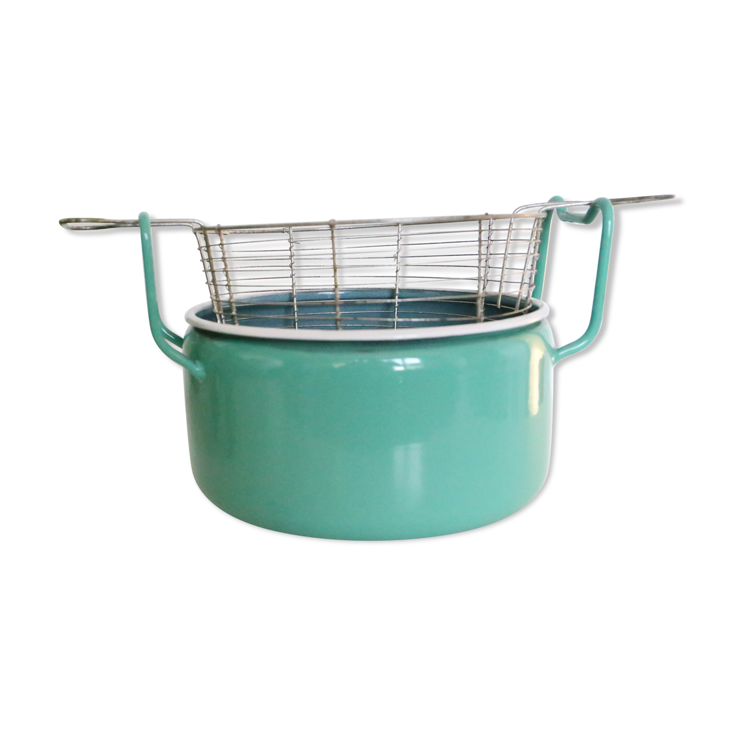 Enamelled metal fryer, pale green, vintage