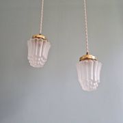 Pair of Art Deco Skyscraper-style pendant lights in frosted glass, 1920-30