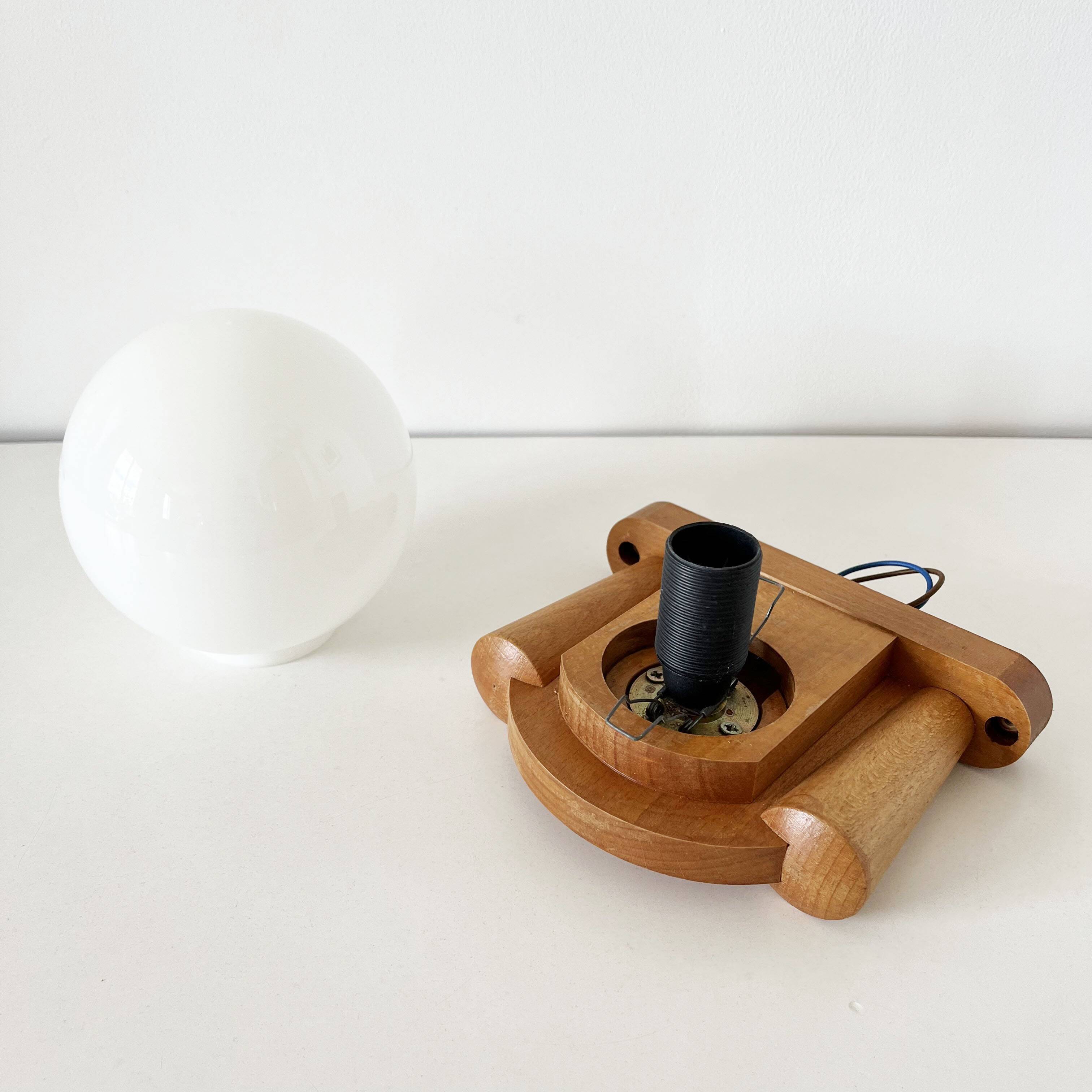 Tissot wall lamp in wood and opaline globe 1960