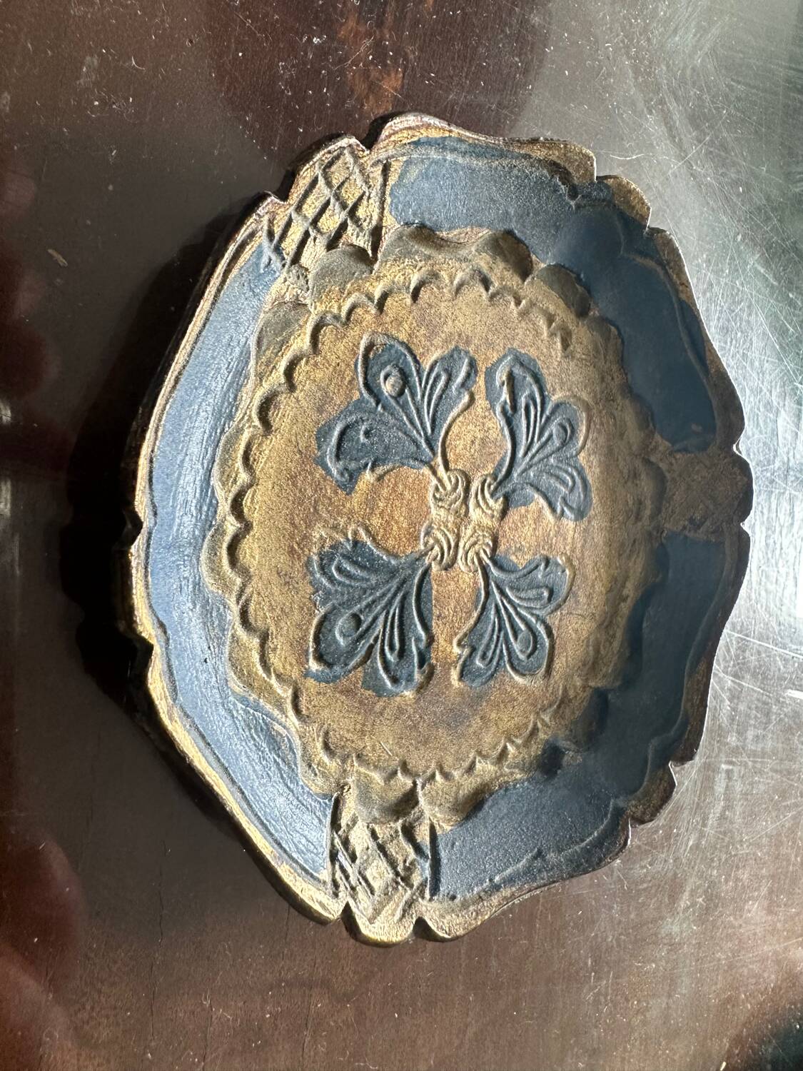 Vintage Florentine Coaster - Blue and Gold Wood (Diameter 10 cm)