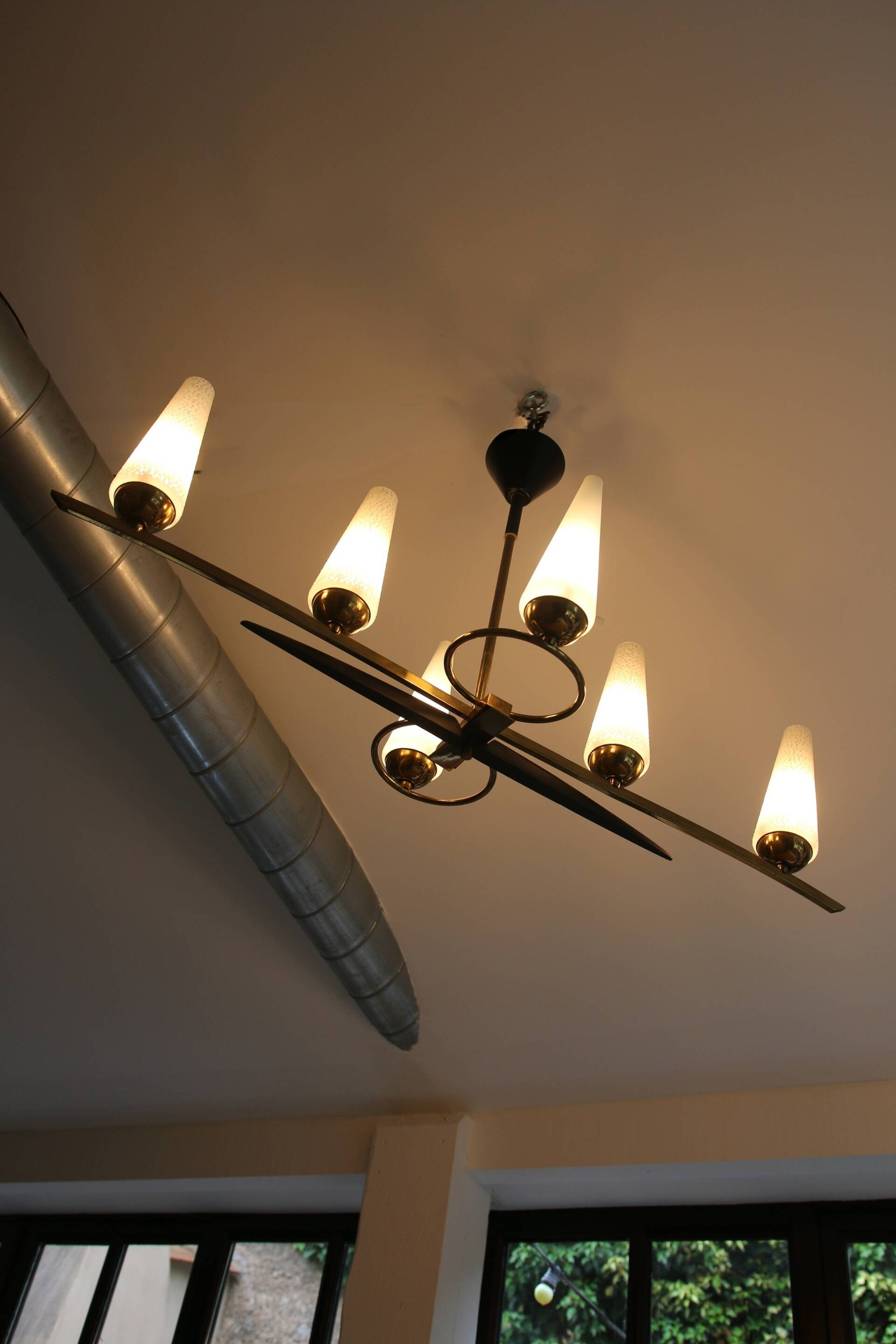 Mid-Century 6-Light Chandelier - Opaline and Brass