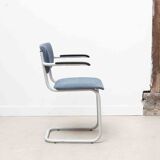 Blue fabric S-shaped chair with armrests