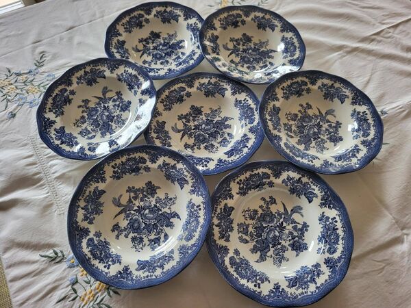 7 assiettes creuses ''Faisans asiatiques'' Enoch Wedgwood