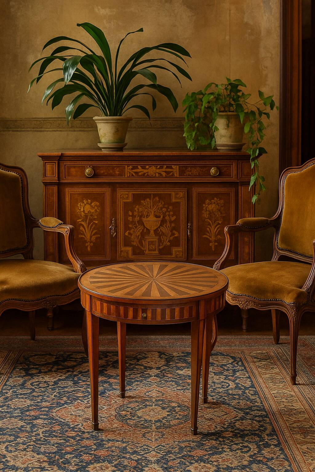Bouillotte table in marquetry, signed Pagny Fils, Paris, early 20th century